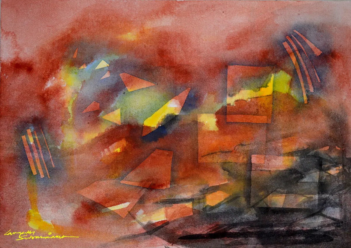 Abstract painting in glowing red, yellow and dark tones with floating geometric forms