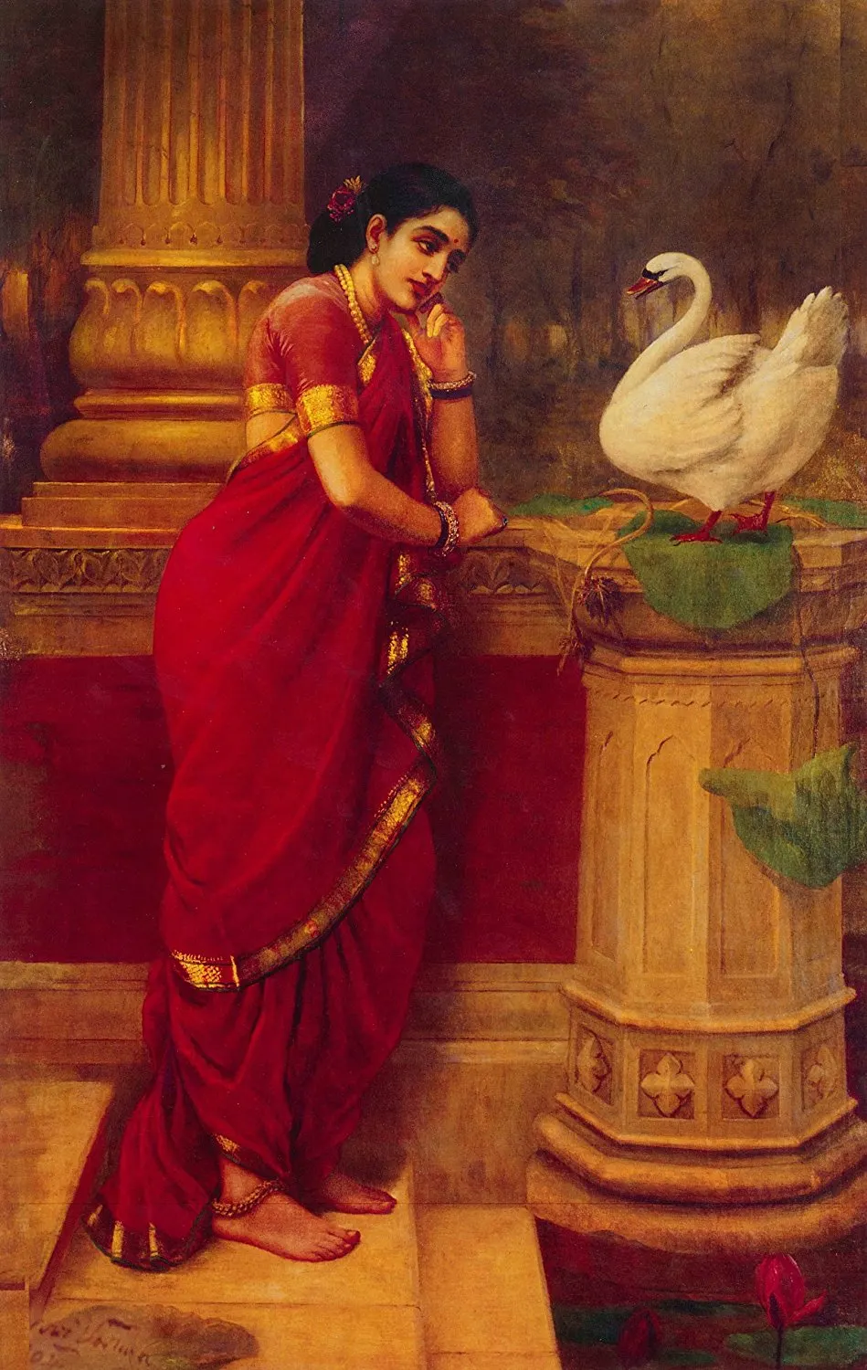 ராஜா ரவி வர்மாவின் ஹம்சா தமயந்தி ஓவியத்தில் சிவப்பு சேலையில் பெண்ணும் அருகில் அன்னமும்