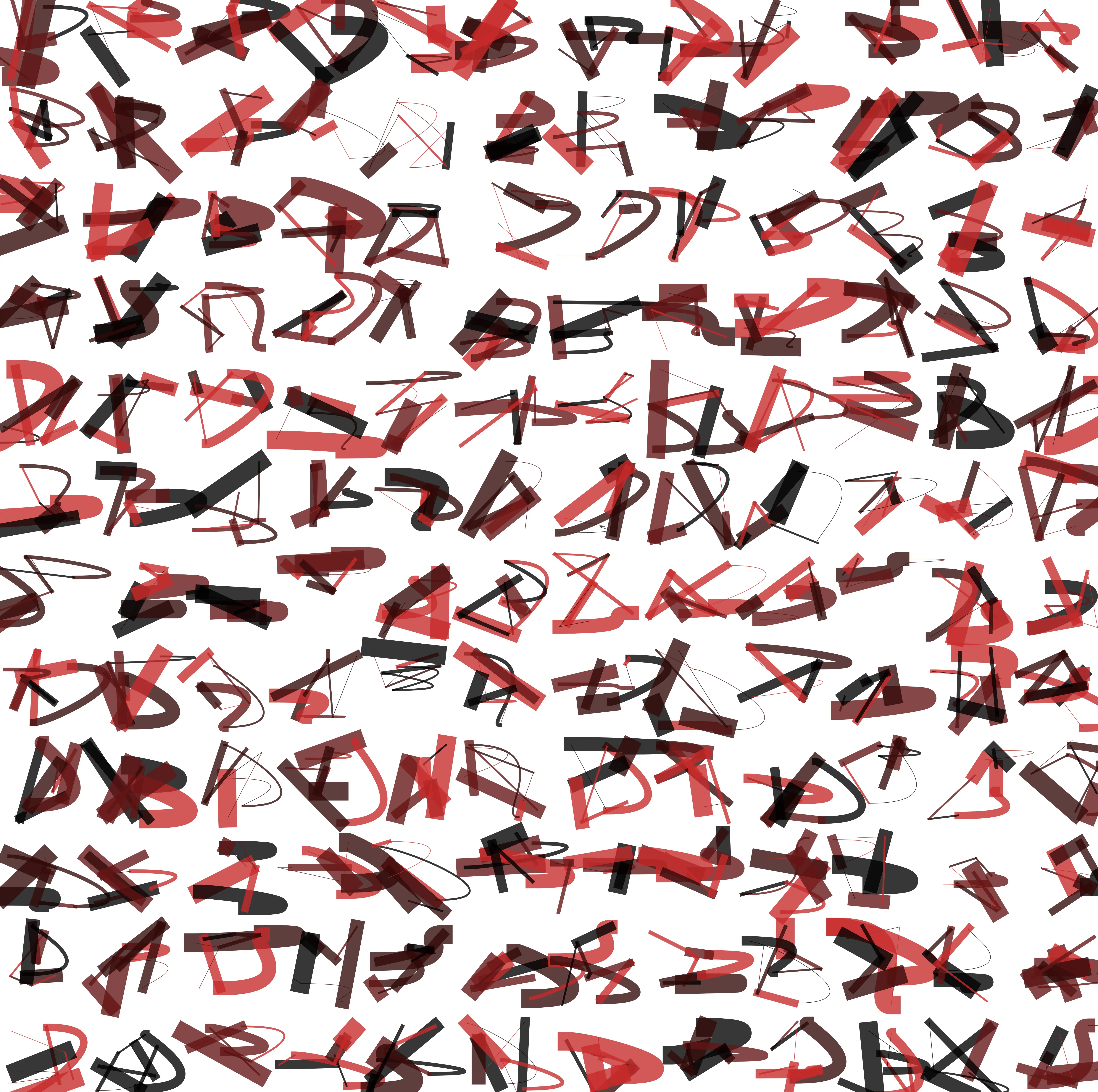 Algorithmic composition of repeated translucent red, black, and brown angular gestures