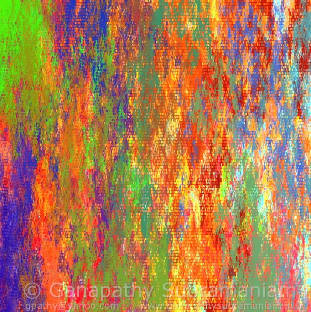 Algorithmic field of layered triangular marks in green, orange, blue, and red