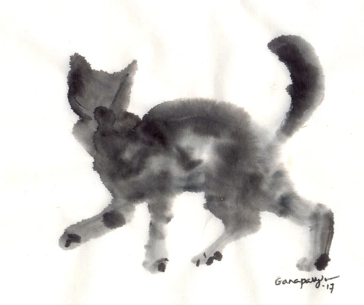 Gestural black-ink painting of a cat stepping forward with its tail raised