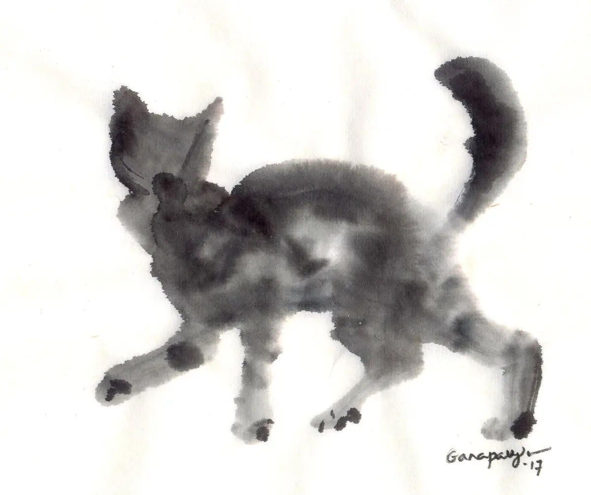 Gestural black-ink painting of a cat stepping forward with its tail raised