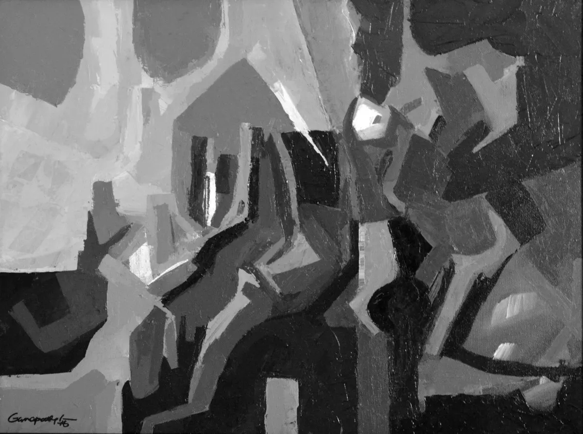 Monochrome abstract painting of overlapping angular shapes and layered planes