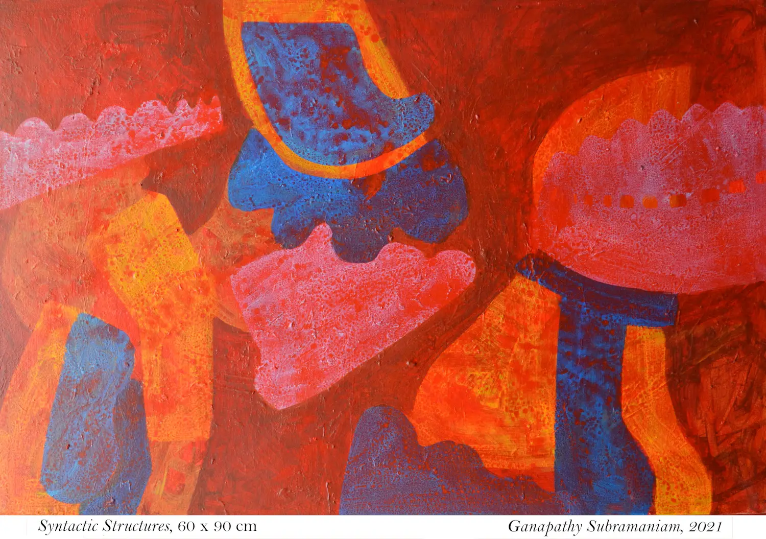 Abstract composition in layered red, orange, blue, and coral forms