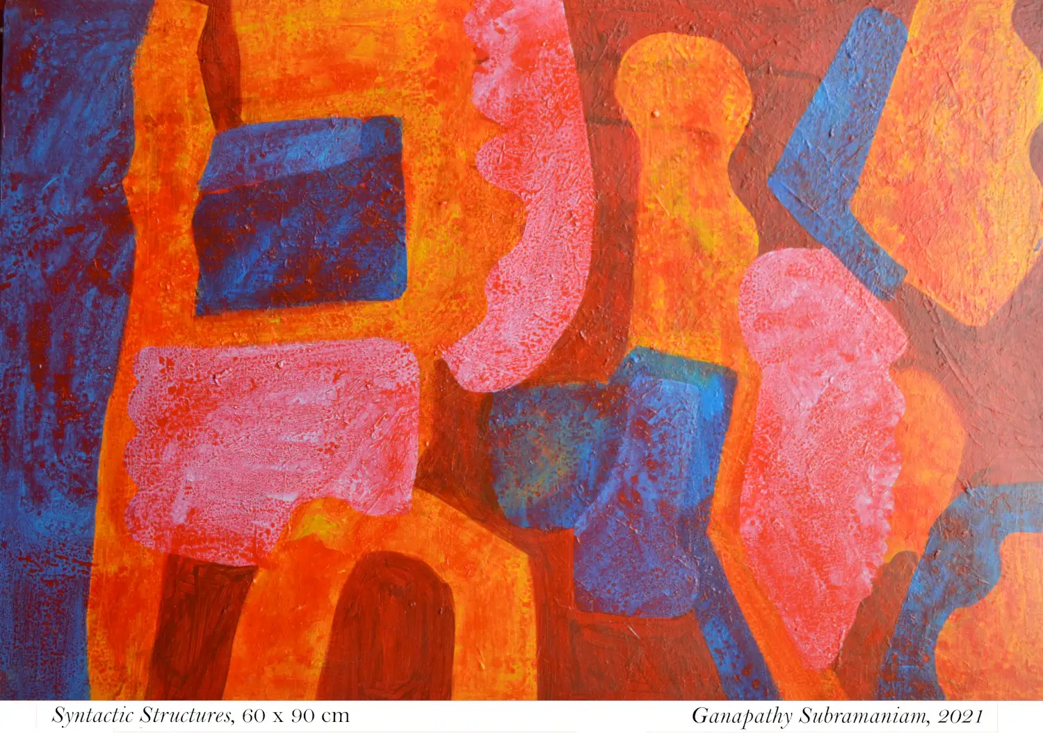 Abstract composition with an orange ground and interlocking blue and coral forms