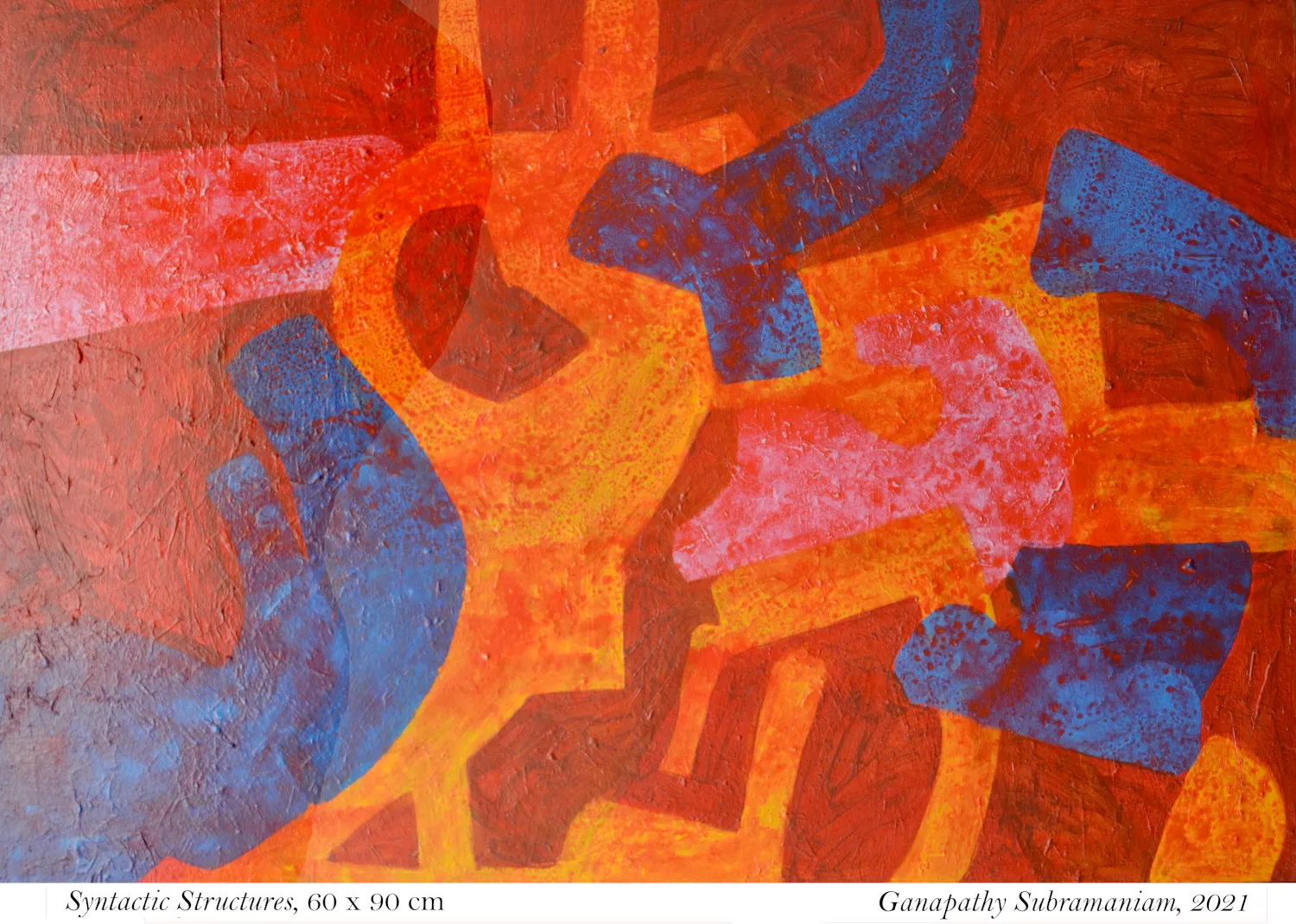 Abstract composition of branching blue, coral, orange, and earth-toned forms