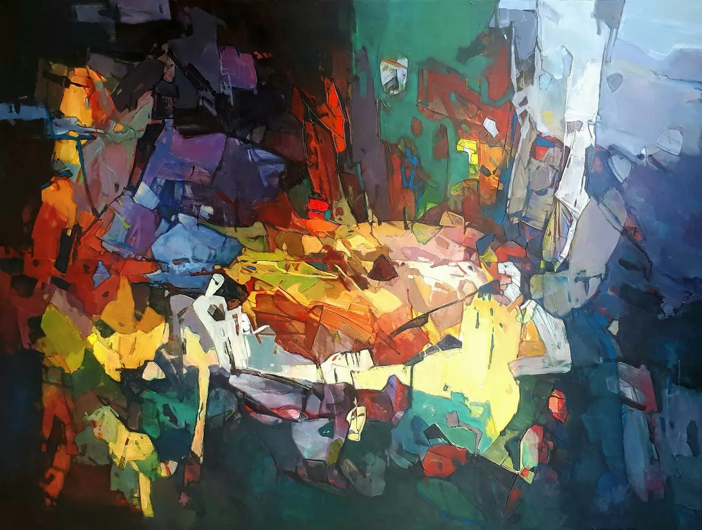 Abstract painting of fractured fields in vivid yellow, red, green, blue and black