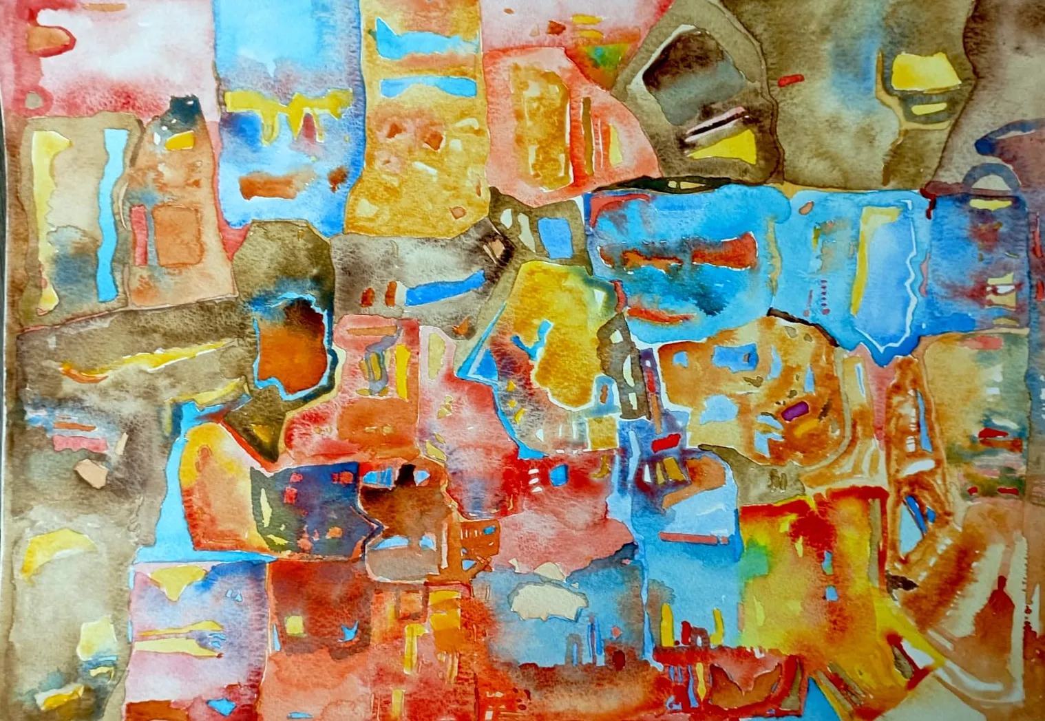 Untitled Syntactic Semantics watercolour with dense blue, orange, coral, yellow, and earth-coloured forms