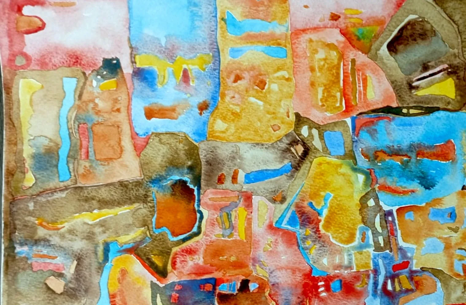 Untitled Syntactic Semantics watercolour with dense blue, orange, coral, yellow, and earth-coloured forms