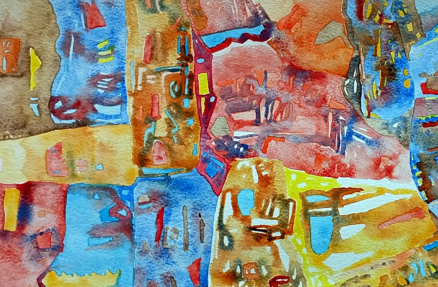 Untitled Syntactic Semantics watercolour with blue, ochre, coral, yellow, and brown interlocking forms
