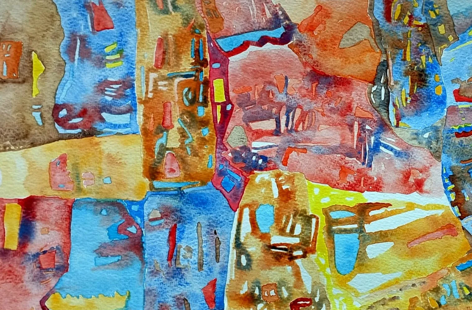 Untitled Syntactic Semantics watercolour with blue, ochre, coral, yellow, and brown interlocking forms