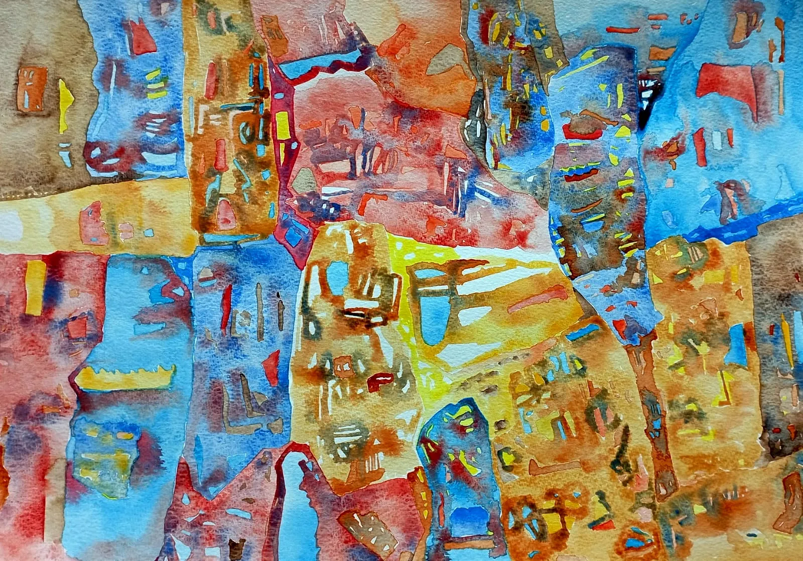 Untitled Syntactic Semantics watercolour with blue, ochre, coral, yellow, and brown interlocking forms