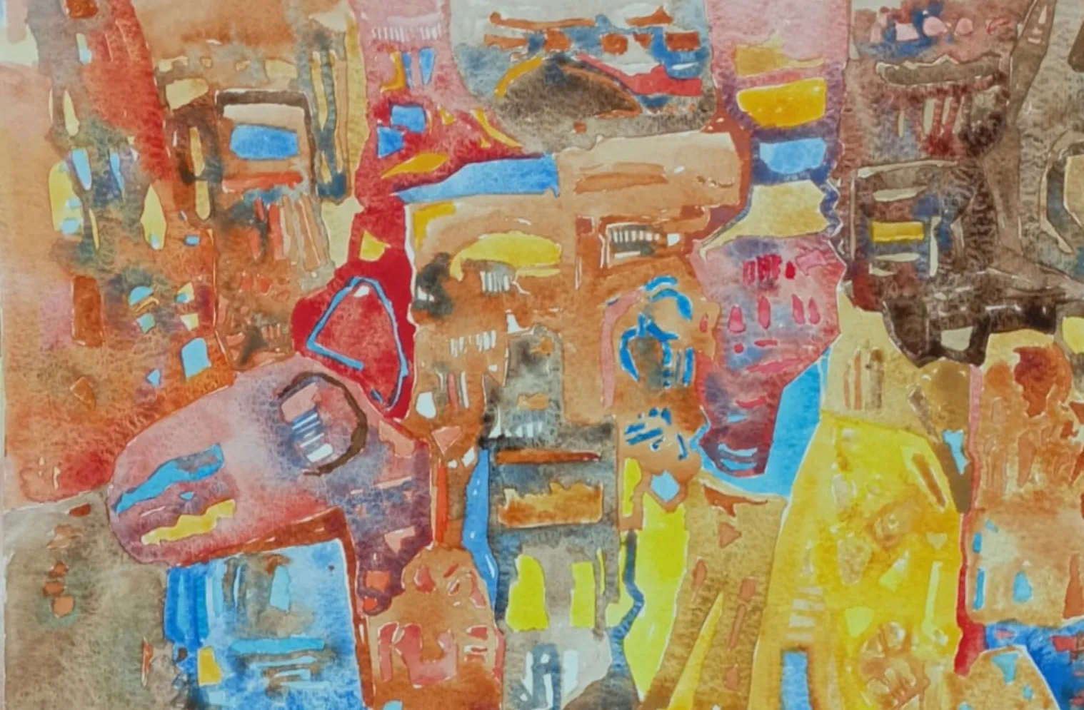 Untitled Syntactic Semantics watercolour with clustered coral, ochre, blue, yellow, and grey forms