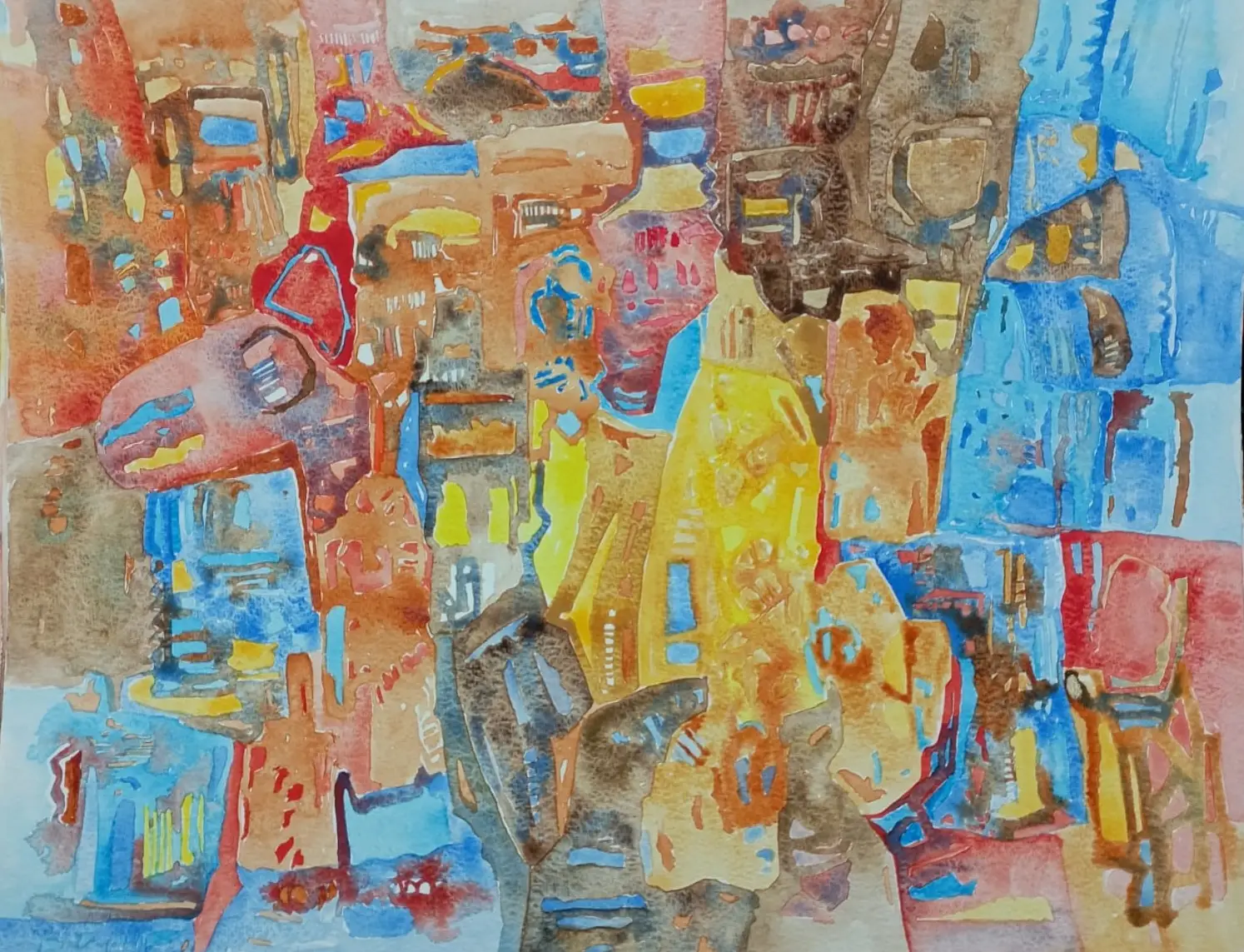 Untitled Syntactic Semantics watercolour with clustered coral, ochre, blue, yellow, and grey forms