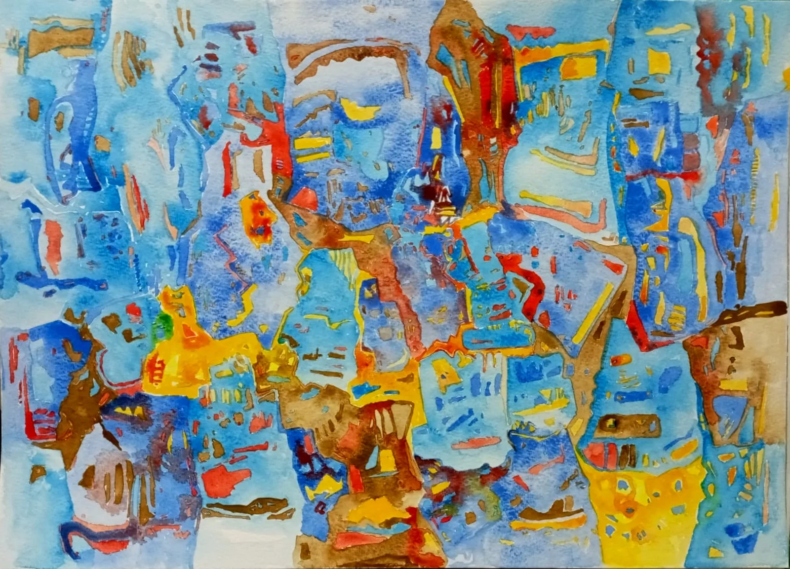 Untitled Syntactic Semantics watercolour with dense interlocking blue, yellow, red, and earth-coloured forms