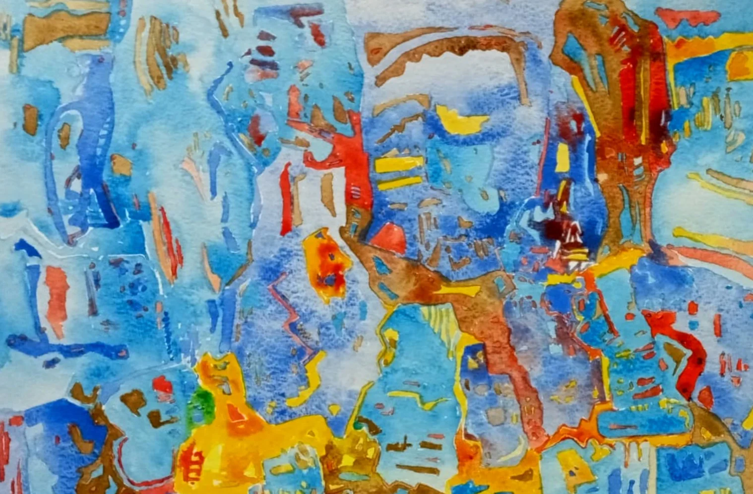 Untitled Syntactic Semantics watercolour with dense interlocking blue, yellow, red, and earth-coloured forms